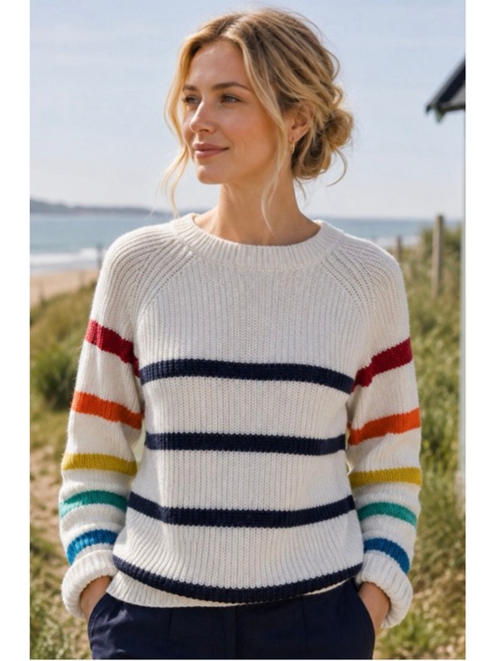 Joules Sweaters - Women's Joules White Rainbow Stripe Crew Neck Sweater Size 8